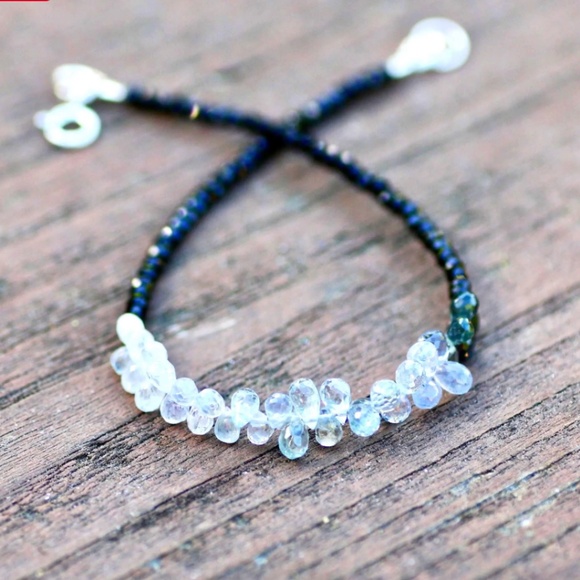 Natural Black Spinel, Tiny Briolette Blue Sapphire Bracelet Solid 14K White Gold - Picture 6 of 6